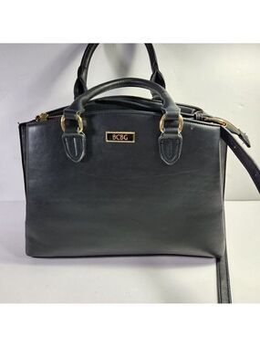 BCBG Max Azria Black Satchel Purse Large Shoulder Bag Triple Compartment Gold